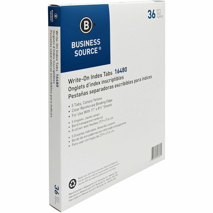 Image of Business Source Plain Tab Indexes,3HP,5-Tab,11"x8-1/2",36 Sets/BX,Canary