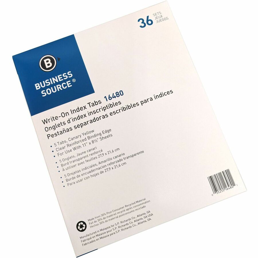 Image of Business Source Plain Tab Indexes,3HP,5-Tab,11"x8-1/2",36 Sets/BX,Canary