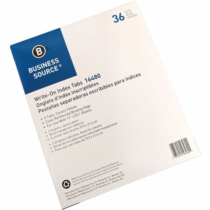 Image of Business Source Plain Tab Indexes,3HP,5-Tab,11"x8-1/2",36 Sets/BX,Canary