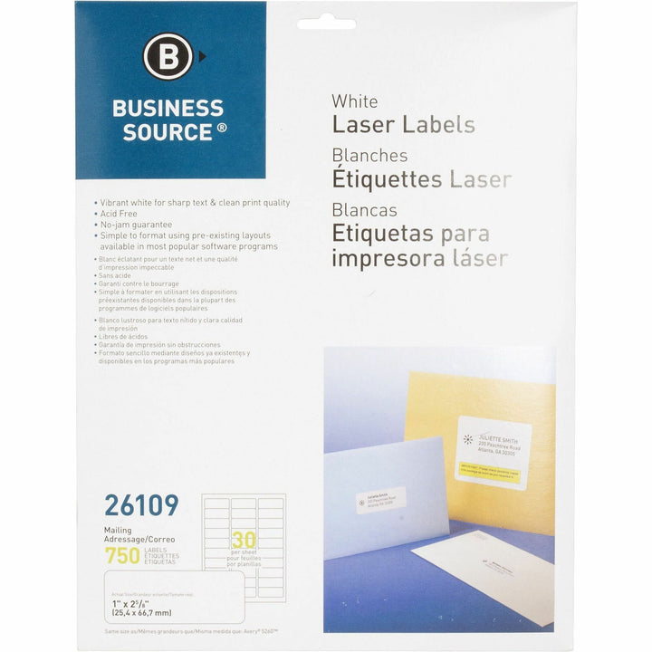 Image of Business Source Mailing Labels, Laser/Inkjet, 1"x2-5/8", 750/PK, White