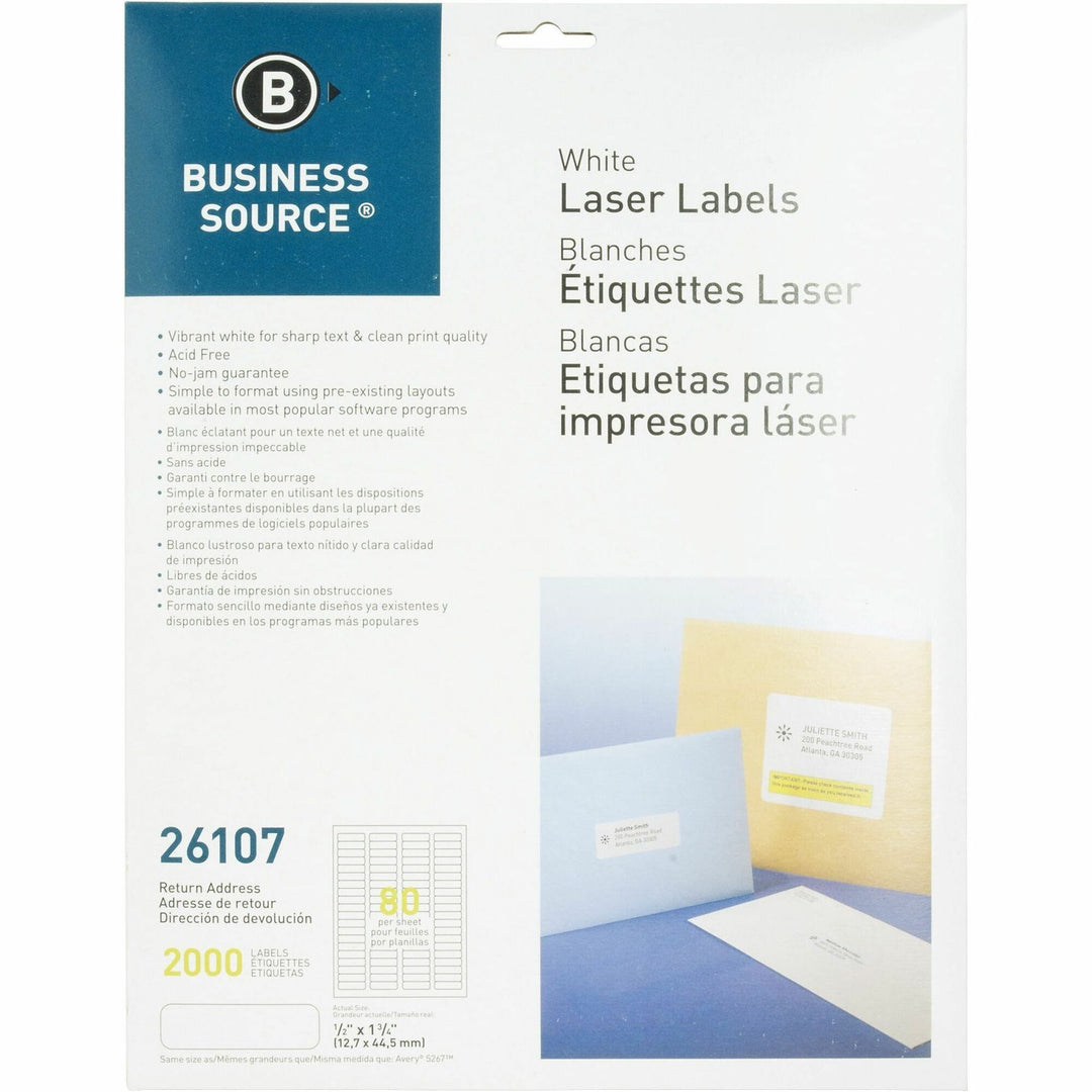 Image of Business Source Mailing Labels,Return Address,1/2"x1-3/4",2000/PK,WE