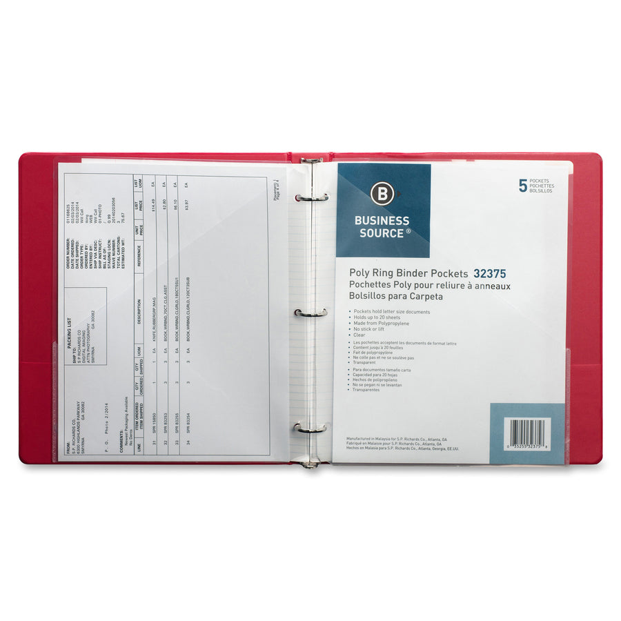 Image of Business Source Binder Pockets, Poly, Letter, 8-1/2"x11", 5/PK, Clear