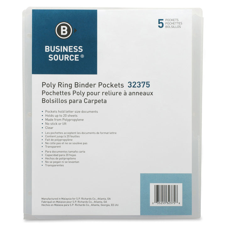 Image of Business Source Binder Pockets, Poly, Letter, 8-1/2"x11", 5/PK, Clear