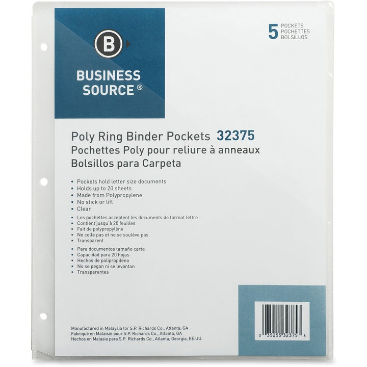 Image of Business Source Binder Pockets, Poly, Letter, 8-1/2"x11", 5/PK, Clear