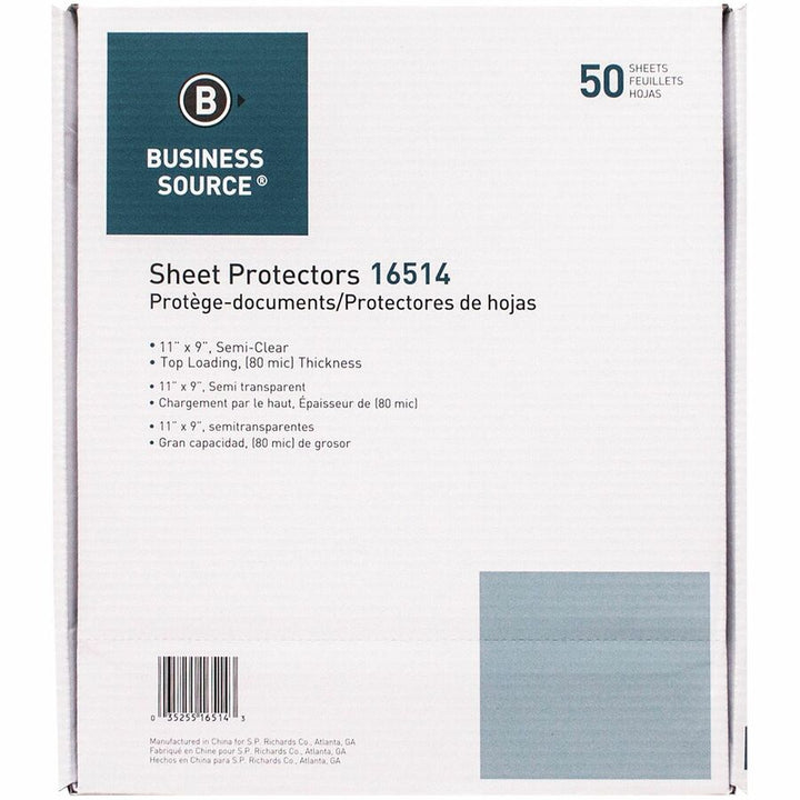 Image of Business Source Sheet Protectors,Top Load,3.3 mil,11"x8-1/2",50/BX,Nonglare
