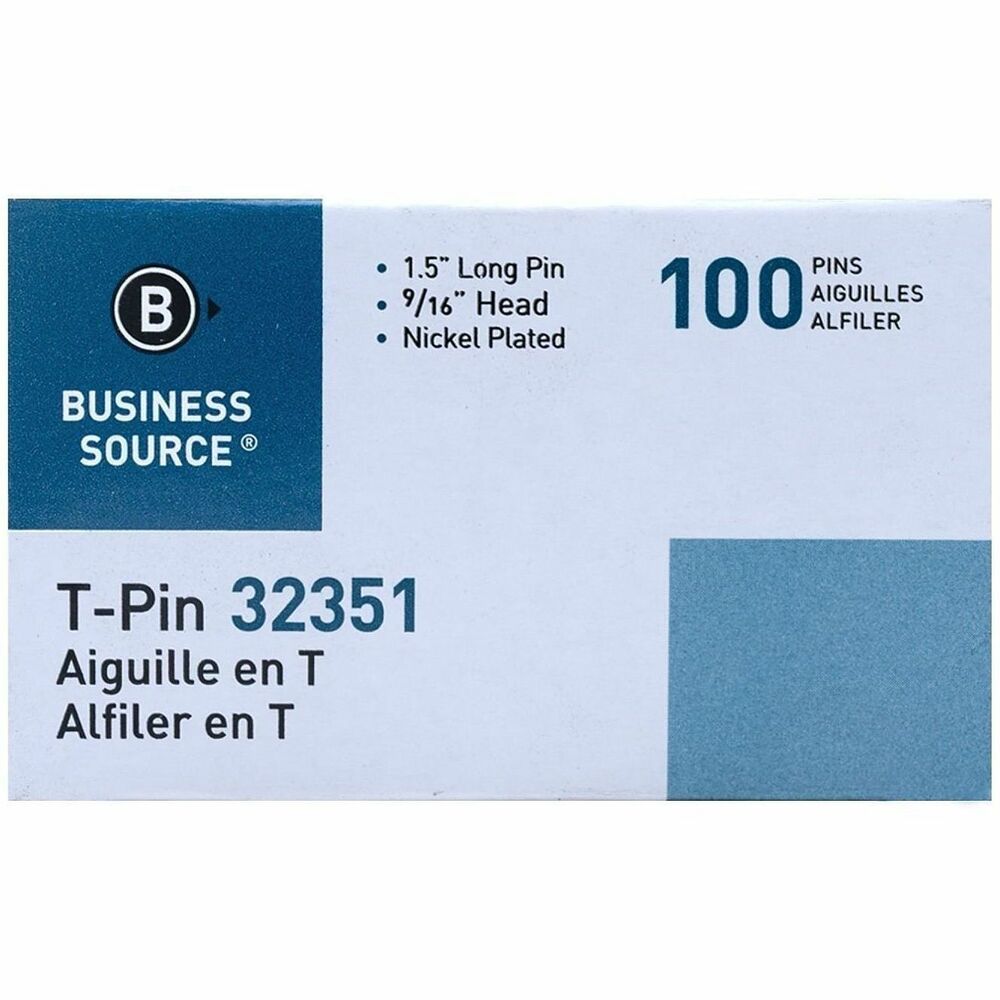 Image of Business Source T-Pins, 9/16" Head Width, 2" L, 100/BX, Silver