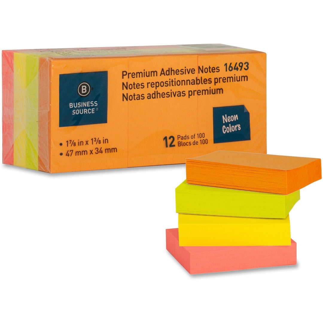 Image of Business Source Adhesive Notes,Plain,1-1/2"x2",100 Sh/PD,12PD/PK,Neon