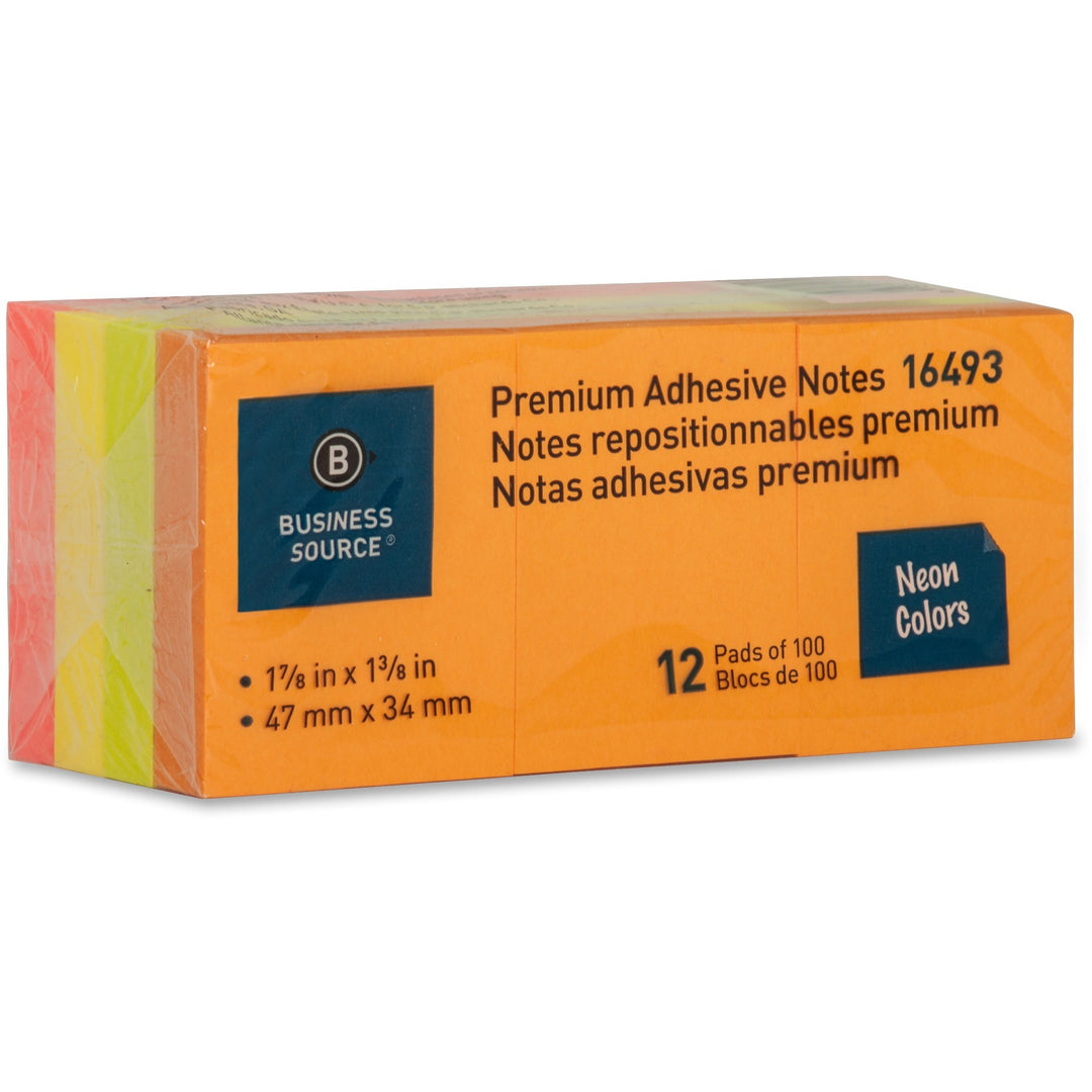 Image of Business Source Adhesive Notes,Plain,1-1/2"x2",100 Sh/PD,12PD/PK,Neon