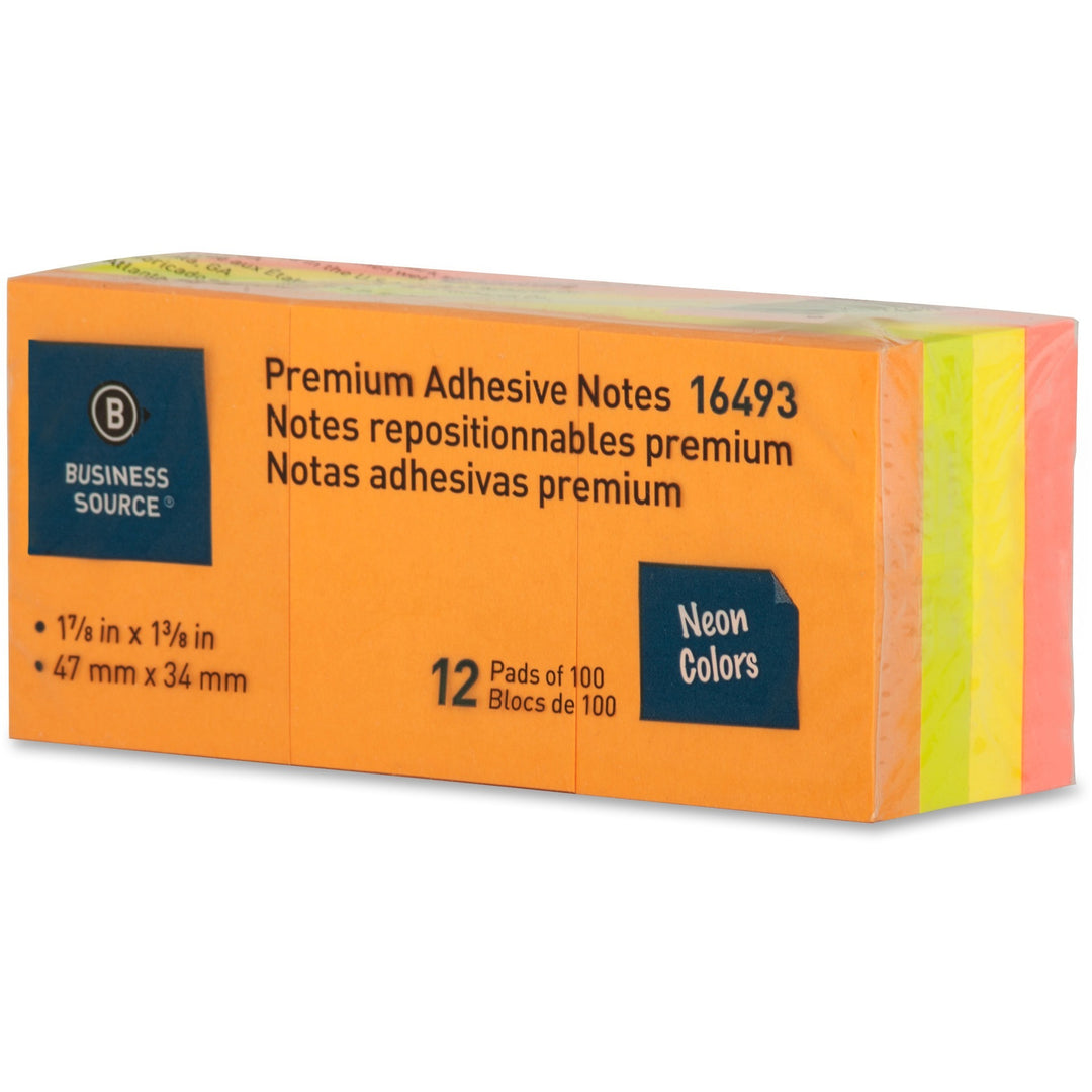 Image of Business Source Adhesive Notes,Plain,1-1/2"x2",100 Sh/PD,12PD/PK,Neon