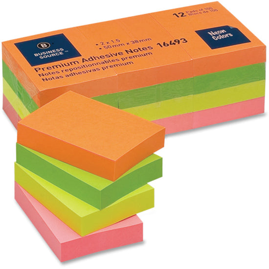 Image of Business Source Adhesive Notes,Plain,1-1/2"x2",100 Sh/PD,12PD/PK,Neon