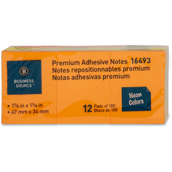 Image of Business Source Adhesive Notes,Plain,1-1/2"x2",100 Sh/PD,12PD/PK,Neon