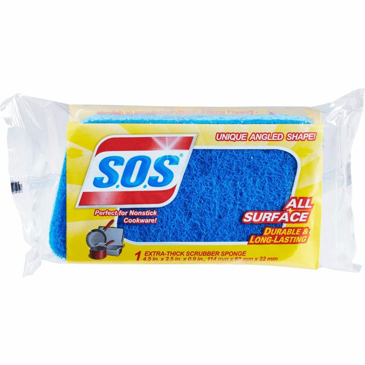 Image of S.O.S 91017 All-Surface Scrubber Sponge, 4.5" H x 2.5" W x 0.9" Depth, 1 Each, Cellulose, Scrim, Blue