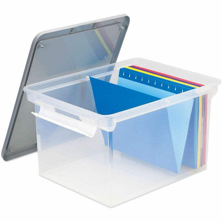 Image of Storex Portable File Tote With Locking Handles, Letter/legal Files, 18.5" X 14.25" X 10.88", Clear/silver