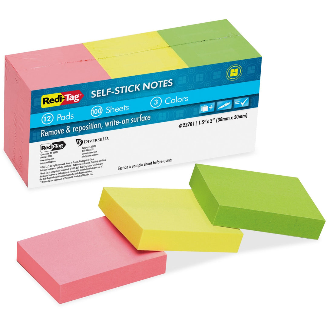 Image of Redi-Tag® Self-Stick Notes, 1.5" x 2", Assorted Neon Colors, 100 Sheets/Pad, 12 Pads/Pack