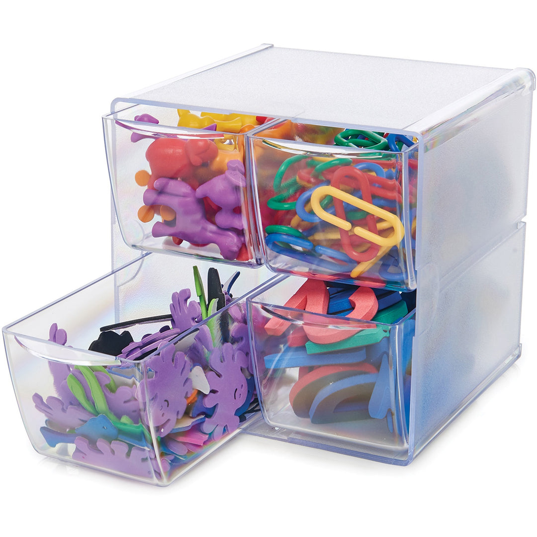 Image of deflecto® Stackable Cube Organizer, 4 Compartments, 4 Drawers, Plastic, 6 x 7.2 x 6, Clear