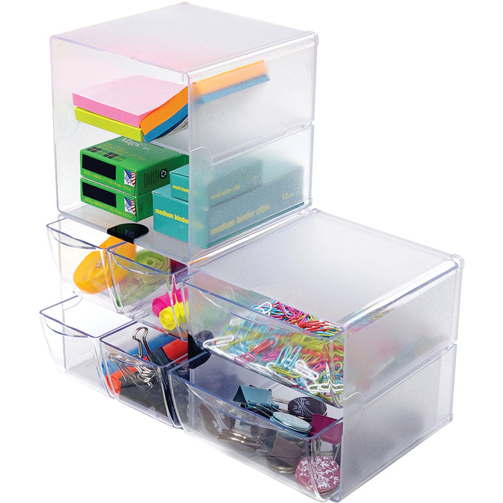 Image of deflecto® Stackable Cube Organizer, 4 Compartments, 4 Drawers, Plastic, 6 x 7.2 x 6, Clear