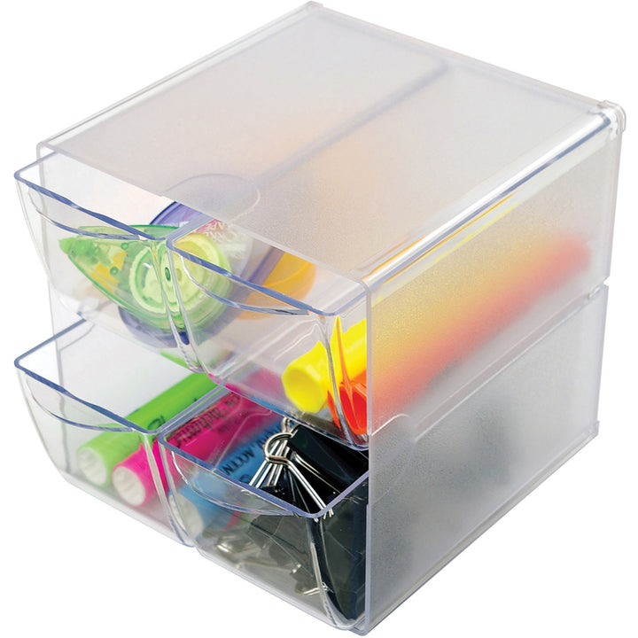 Image of deflecto® Stackable Cube Organizer, 4 Compartments, 4 Drawers, Plastic, 6 x 7.2 x 6, Clear