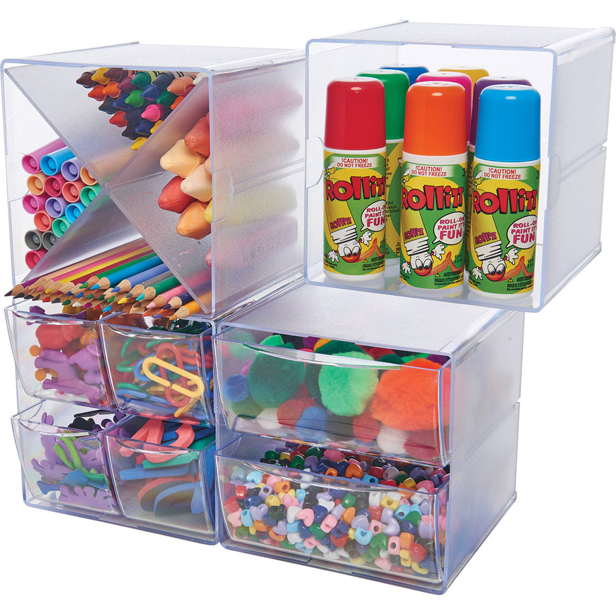 Image of deflecto® Stackable Cube Organizer, 4 Compartments, 4 Drawers, Plastic, 6 x 7.2 x 6, Clear