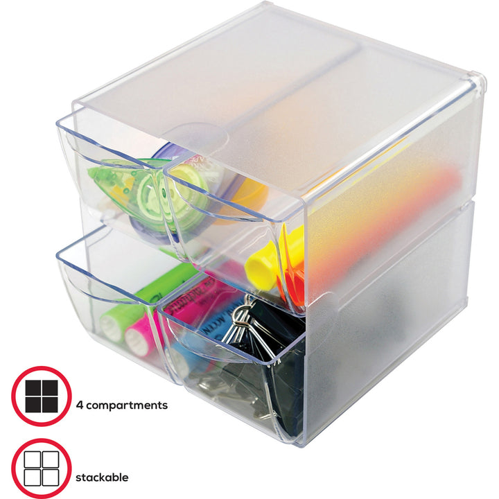 Image of deflecto® Stackable Cube Organizer, 4 Compartments, 4 Drawers, Plastic, 6 x 7.2 x 6, Clear