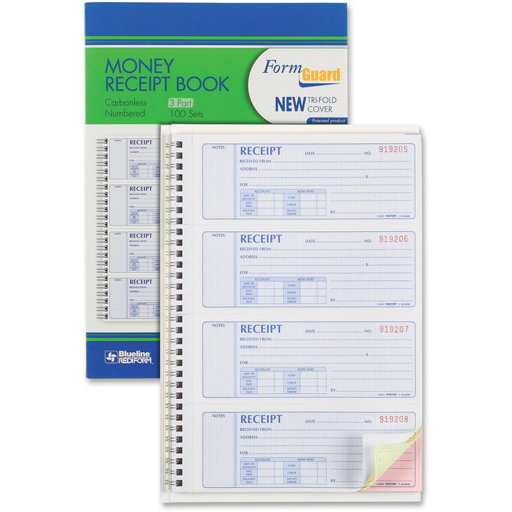 Image of Rediform® Money Receipt Book, FormGuard Cover, Three-Part Carbonless, 7 x 2.75, 4 Forms/Sheet, 100 Forms Total