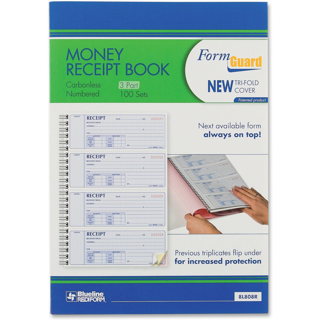 Image of Rediform® Money Receipt Book, FormGuard Cover, Three-Part Carbonless, 7 x 2.75, 4 Forms/Sheet, 100 Forms Total