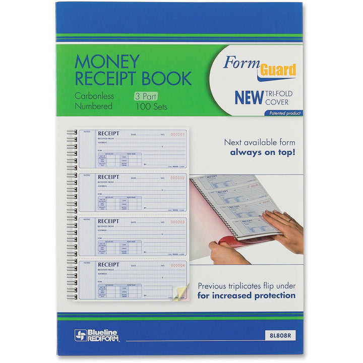 Image of Rediform® Money Receipt Book, FormGuard Cover, Three-Part Carbonless, 7 x 2.75, 4 Forms/Sheet, 100 Forms Total