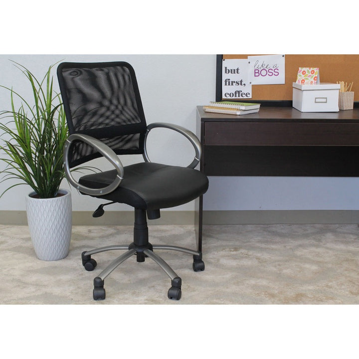 Image of Lorell 69518 Mesh Mid-Back Task Chair, Black Seat Color, Leather Seat Material, 5-star Base, Black, 1 Each