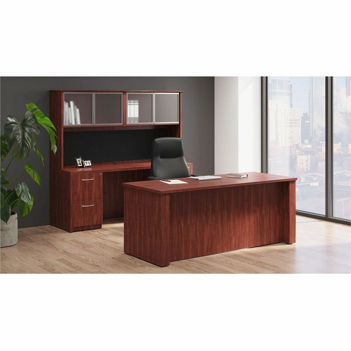 Image of Lorell 69412 Essentials Series Credenza Shell, 29.5" H x 70.9" W x 23.6" Depth, Finish: Cherry, Laminate, Grommet, 1 Each