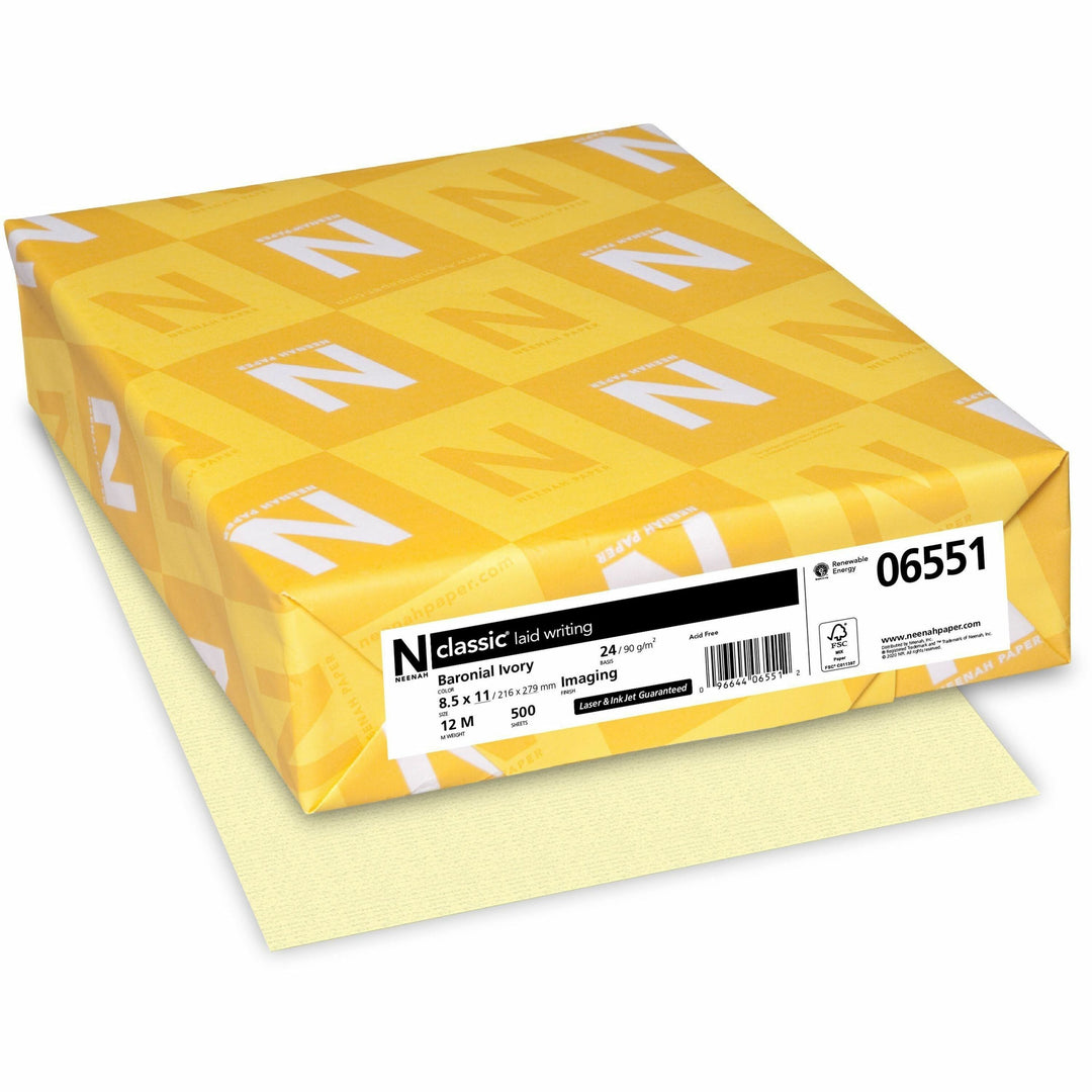 Image of Neenah® CLASSIC Laid Stationery Writing Paper, 24 lb Bond Weight, 8.5 x 11, Baronial Ivory, 500/Ream