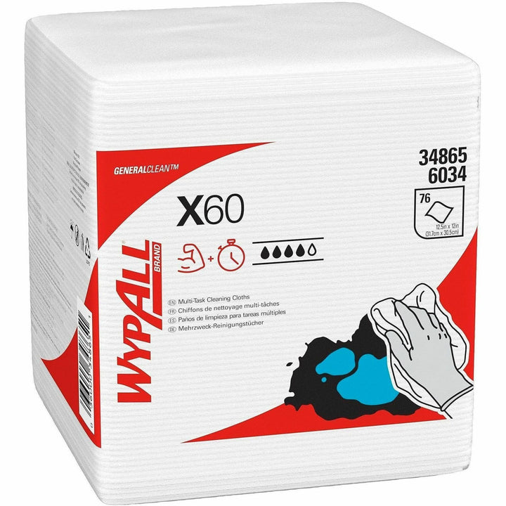 Image of Wypall 34865 GeneralClean X60 Multi-Task Cleaning Cloths, 1/4 Fold, 12" W x 12.50" Length, White, 76/Box, 12 / Carton
