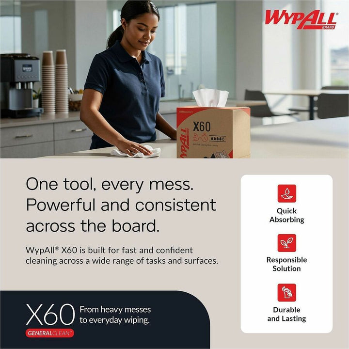 Image of Wypall 34865 GeneralClean X60 Multi-Task Cleaning Cloths, 1/4 Fold, 12" W x 12.50" Length, White, 76/Box, 12 / Carton