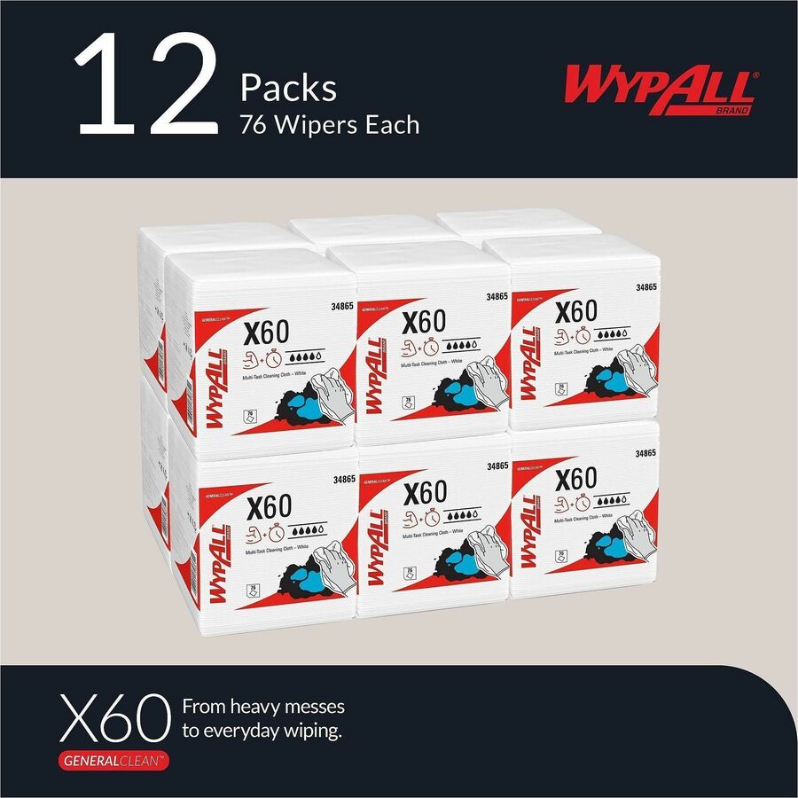 Image of Wypall 34865 GeneralClean X60 Multi-Task Cleaning Cloths, 1/4 Fold, 12" W x 12.50" Length, White, 76/Box, 12 / Carton