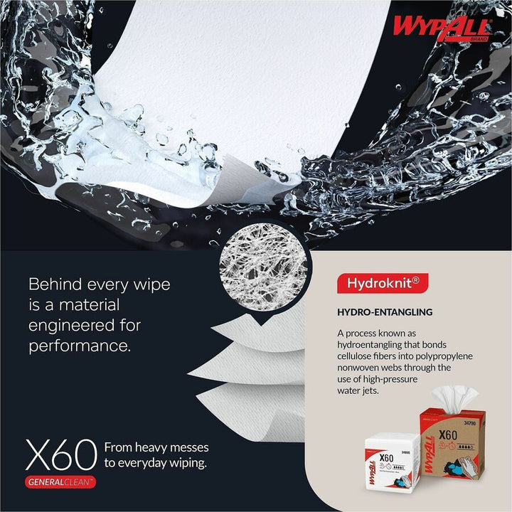 Image of Wypall 34865 GeneralClean X60 Multi-Task Cleaning Cloths, 1/4 Fold, 12" W x 12.50" Length, White, 76/Box, 12 / Carton