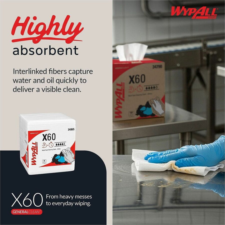 Image of Wypall 34865 GeneralClean X60 Multi-Task Cleaning Cloths, 1/4 Fold, 12" W x 12.50" Length, White, 76/Box, 12 / Carton