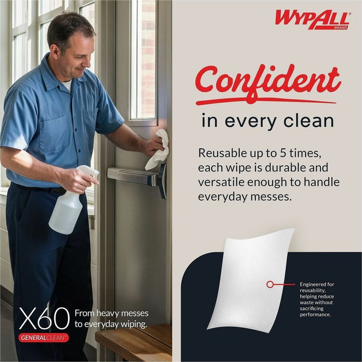 Image of Wypall 34865 GeneralClean X60 Multi-Task Cleaning Cloths, 1/4 Fold, 12" W x 12.50" Length, White, 76/Box, 12 / Carton