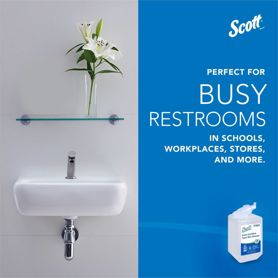 Image of Scott 91565 Green Certified Foam Hand Soap, 1.06 quart, Hands-free Dispenser, Hand, Clear, Dye-free, Fragrance-free, Recyclable, 6 / Carton