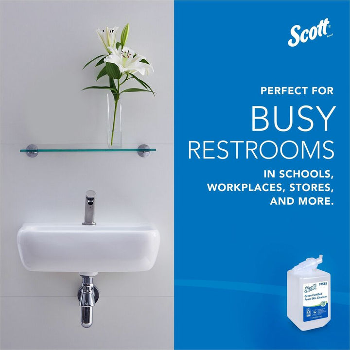 Image of Scott 91565 Green Certified Foam Hand Soap, 1.06 quart, Hands-free Dispenser, Hand, Clear, Dye-free, Fragrance-free, Recyclable, 6 / Carton