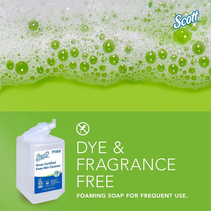 Image of Scott 91565 Green Certified Foam Hand Soap, 1.06 quart, Hands-free Dispenser, Hand, Clear, Dye-free, Fragrance-free, Recyclable, 6 / Carton