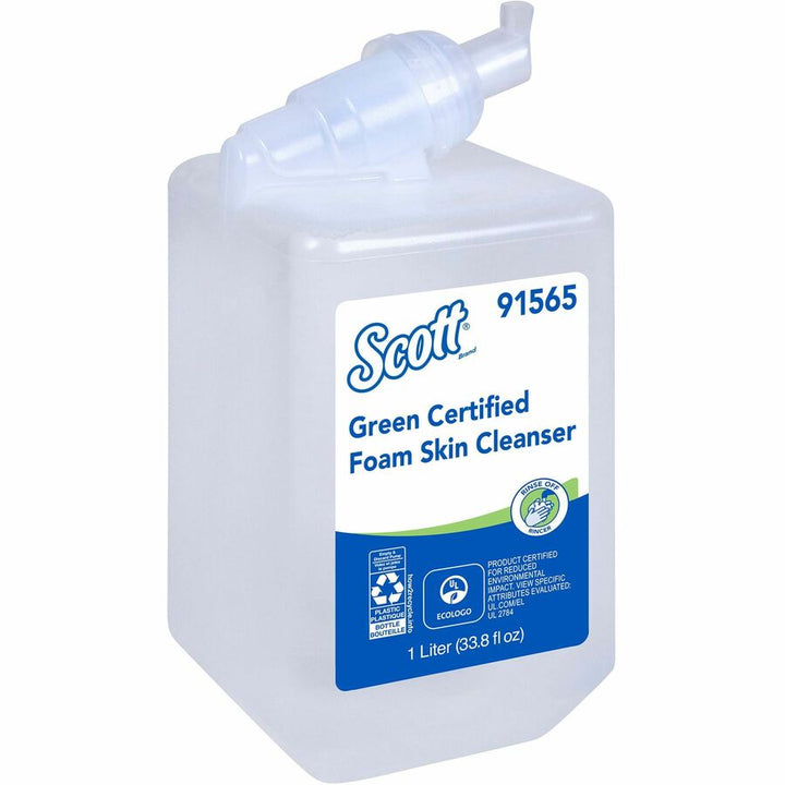 Image of Scott 91565 Green Certified Foam Hand Soap, 1.06 quart, Hands-free Dispenser, Hand, Clear, Dye-free, Fragrance-free, Recyclable, 6 / Carton