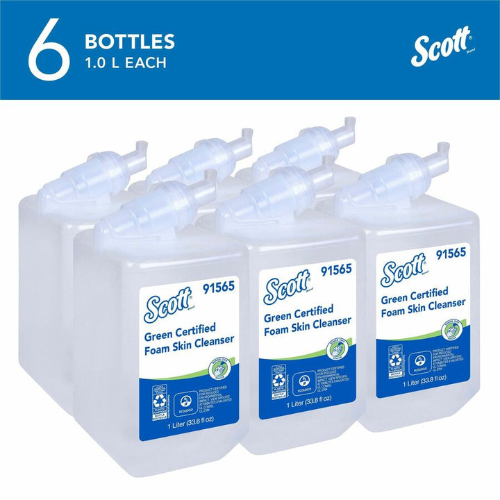 Image of Scott 91565 Green Certified Foam Hand Soap, 1.06 quart, Hands-free Dispenser, Hand, Clear, Dye-free, Fragrance-free, Recyclable, 6 / Carton