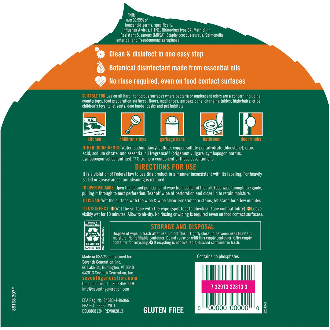 Image of Seventh Generation® Disinfecting Wipes,Lemongrass Citrus,70/Tub