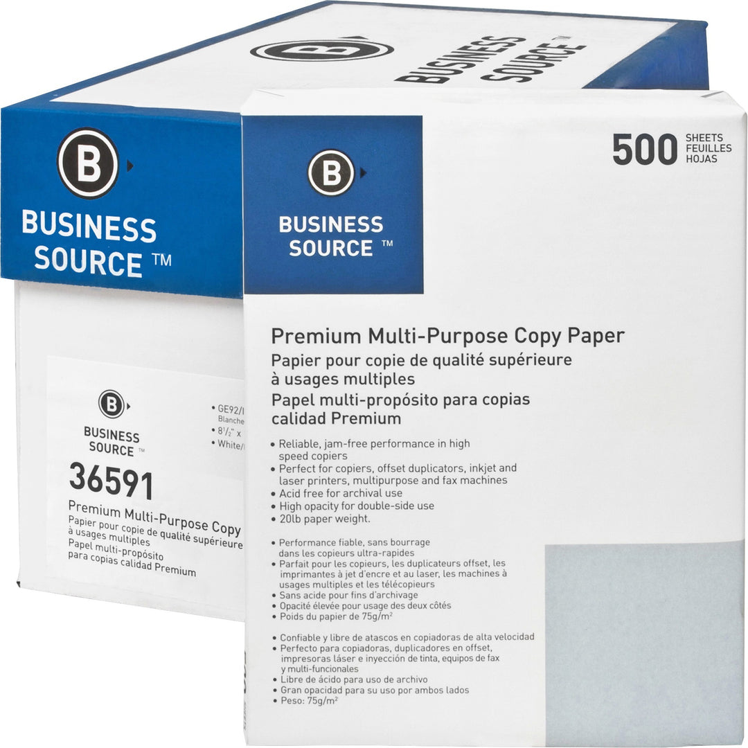 Image of Business Source Multipurpose Paper,92 Bright,20lb.,8-1/2"x11",40CT/PL,White