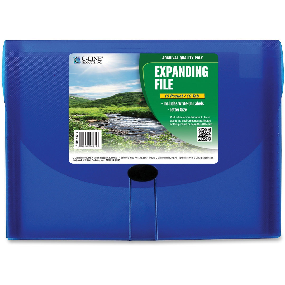 Image of C-Line® Expanding Files, 1.63" Expansion, 13 Sections, Cord/Hook Closure, 1/6-Cut Tabs, Letter Size, Blue