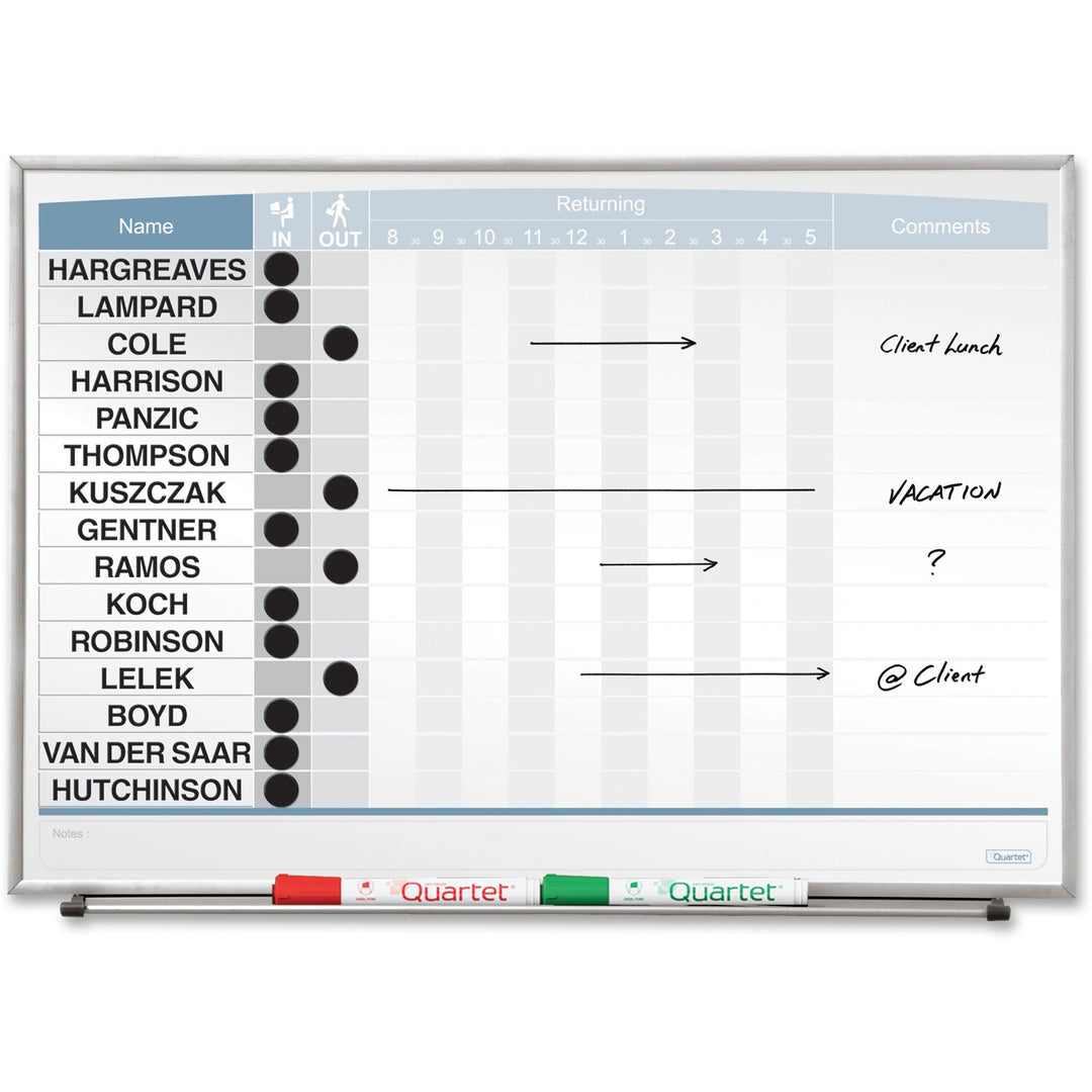 Image of Quartet® Matrix Employee In/Out Board, Horizontal, 15-Person Tracking, 23" x 16", White Surface, Satin Aluminum Frame