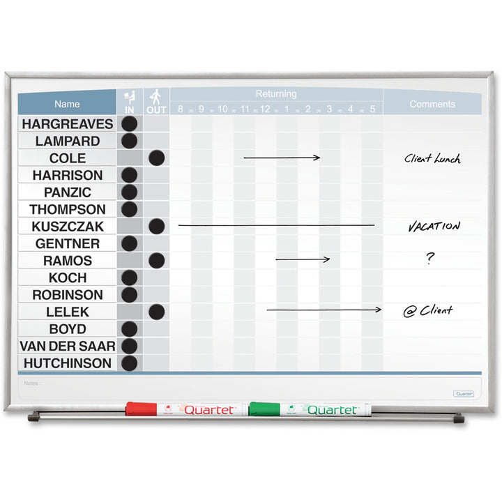 Image of Quartet® Matrix Employee In/Out Board, Horizontal, 15-Person Tracking, 23" x 16", White Surface, Satin Aluminum Frame
