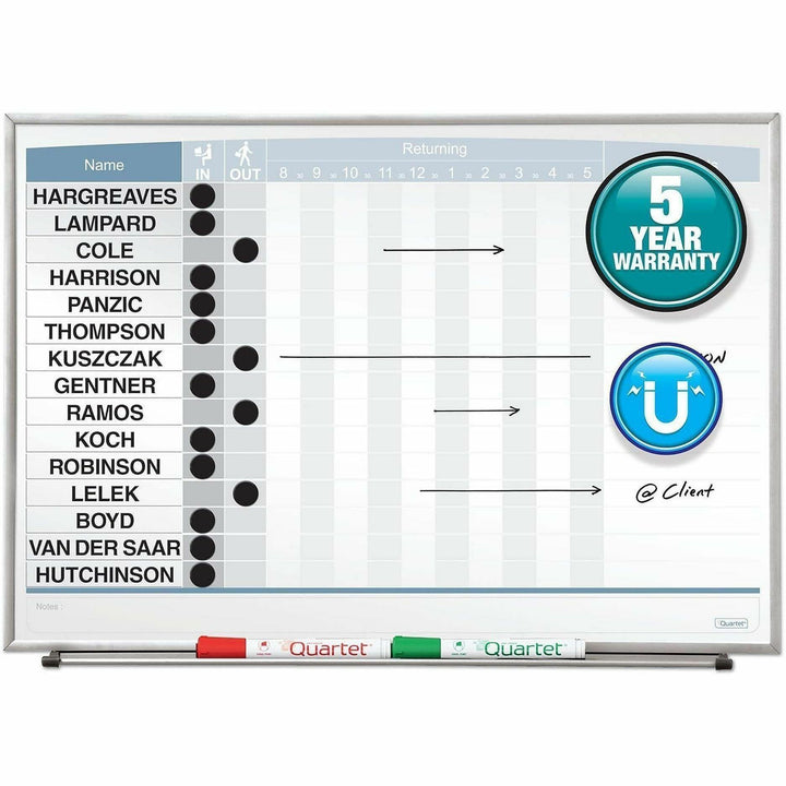 Image of Quartet® Matrix Employee In/Out Board, Horizontal, 15-Person Tracking, 23" x 16", White Surface, Satin Aluminum Frame