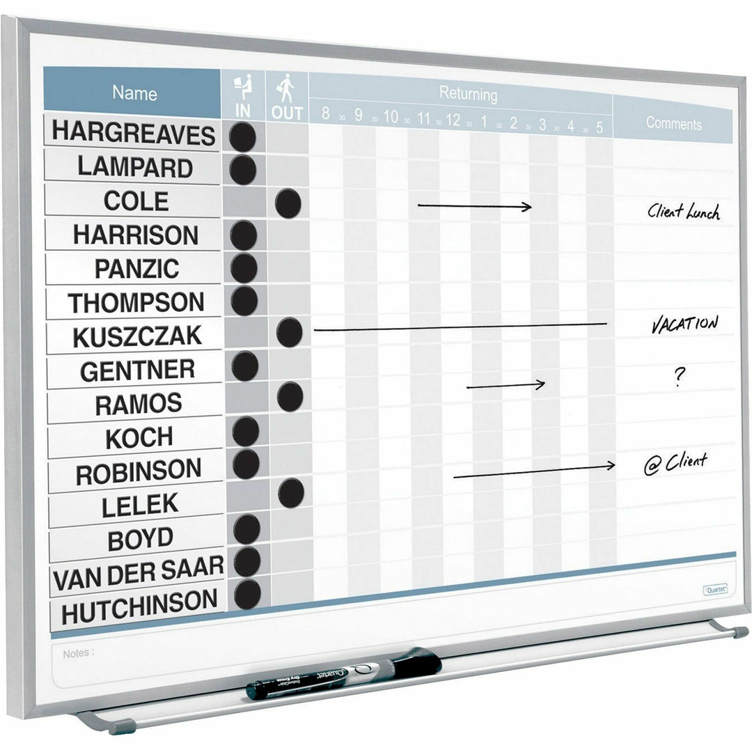 Image of Quartet® Matrix Employee In/Out Board, Horizontal, 15-Person Tracking, 23" x 16", White Surface, Satin Aluminum Frame