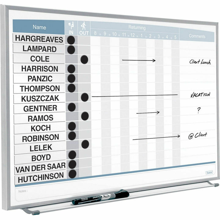 Image of Quartet® Matrix Employee In/Out Board, Horizontal, 15-Person Tracking, 23" x 16", White Surface, Satin Aluminum Frame