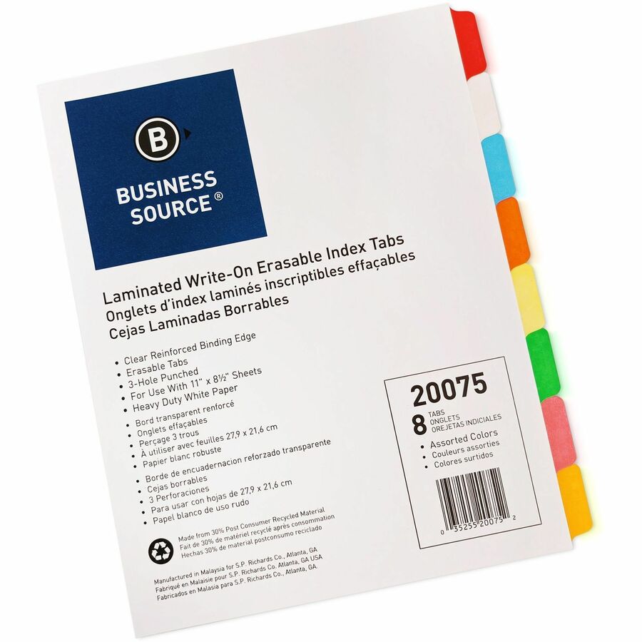 Image of Business Source Write-on Tab Indexes, 8-Tab, 11"x8-1/2", 8 Tabs/ST, Multi