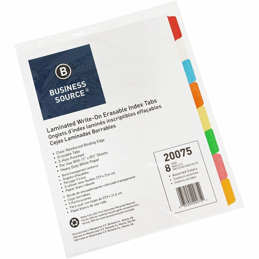 Image of Business Source Write-on Tab Indexes, 8-Tab, 11"x8-1/2", 8 Tabs/ST, Multi